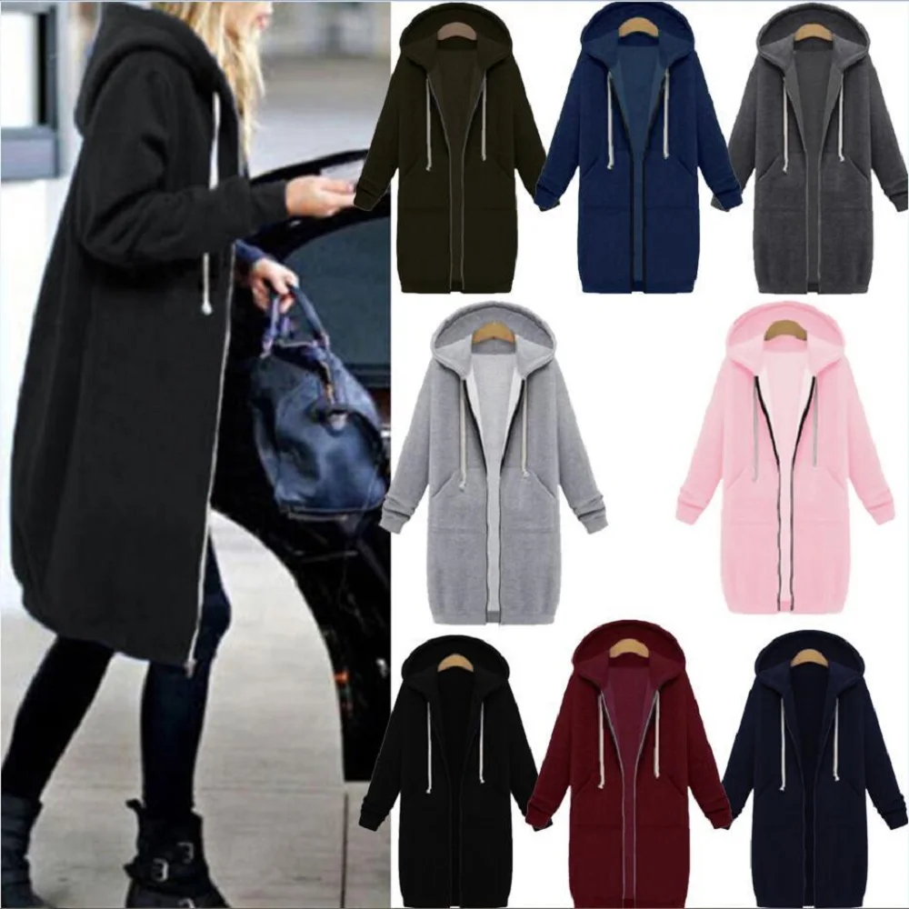  2019 Autumn Winter Casual Women Long Hoodies Sweatshirt Coat Zip Up Outerwear Hooded Jacket Plus Si