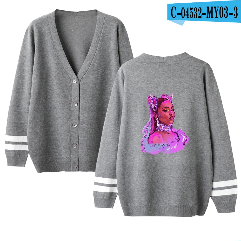 Ariana Grande Harajuku женские свитера осень зима модные повседневные кардиганы с v-образным вырезом однобортные с пышными рукавами свободные - Цвет: Gray