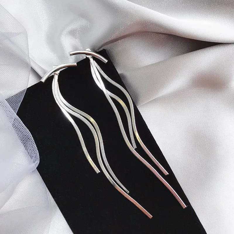 Vintage Gold Color Bar Long Thread Tassel Drop Earrings for Women Glossy Arc Geometric Korean Earring Fashion Jewelry 2020 New