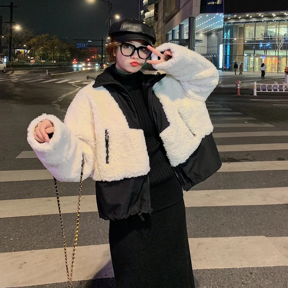 

Photo Shoot Sense of Design Lambs Wool Joint Contrast Color Short Cotton Coat 2019 Winter New Style WOMEN'S Dress Retro Cotton O
