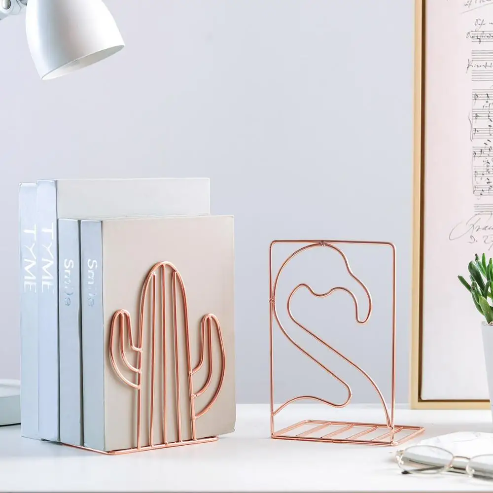 2PCS/Lot Creative Cactus Flamingo Shaped Metal Bookends Book Support Stand Desk Organizer Storage Holder Shelf