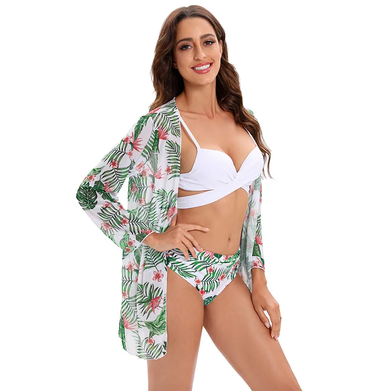 orange bikini set High Waist 3 Piece Bikini Set With Cover Up 2022 Swimsuit Women Print Long Sleeve Bathing Suit Beachwear Swimming Biquini New strapless bikini set