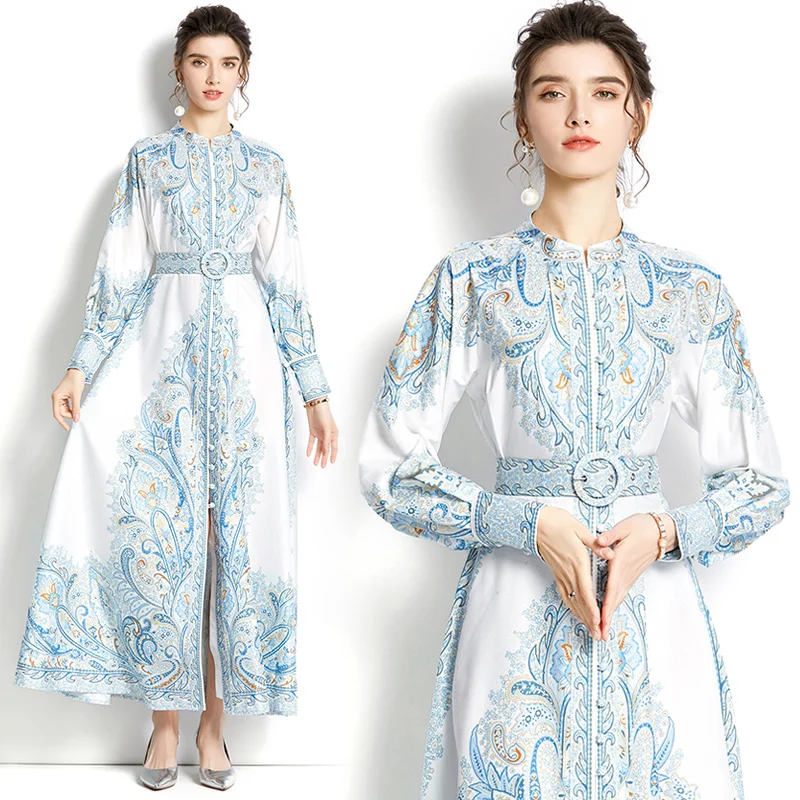 

Original design - 2022 spring collar raglan sleeve printed long dress