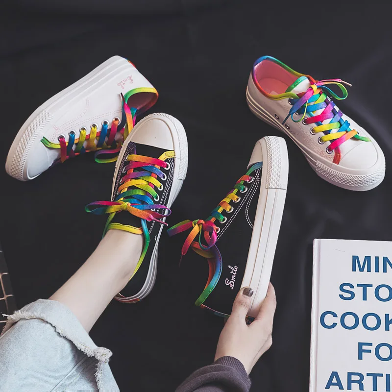 

Rainbow Flat Women Canvas Shoes 2019 Trend New Fashion Shoelace Sneakers Shallow Wild Light Wild Casual Vulcanized Shoes Women