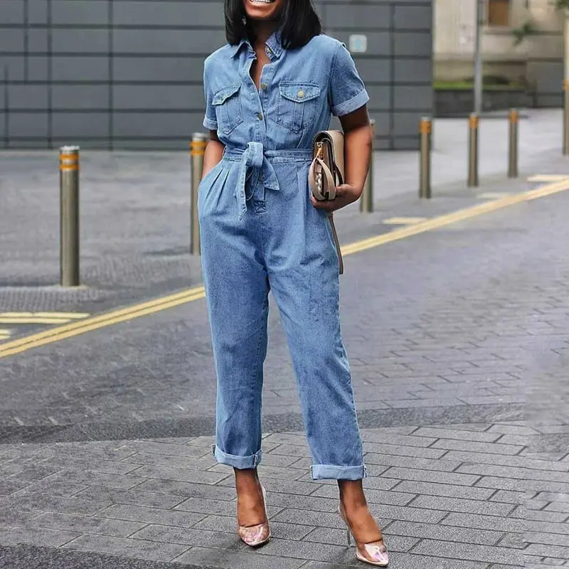 

African Fashion Casual Plus Size 3XL Denim jumpsuit Women Full Length Plain Lace-Up High Waist Jumpsuit Jeans Button Pocket
