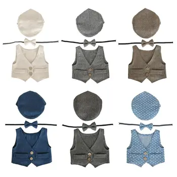 

Lovely Newborn Baby Little Gentleman Hat Bow Tie Cotton Costume Infant Photography Props Outfits