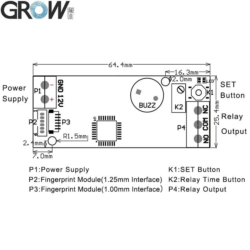 Панель контроля отпечатков пальцев GROW K202 DC12V с низким