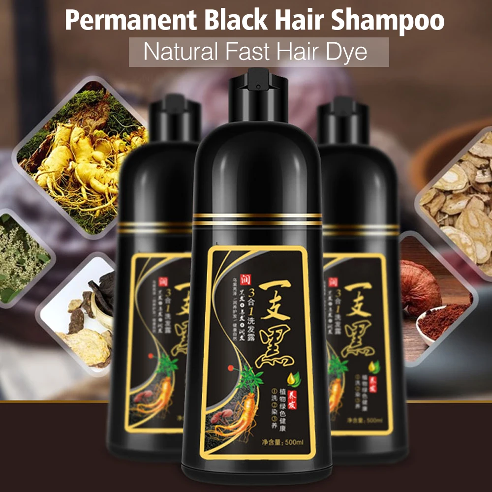 500ml Black Hair Color Dye Hair Shampoo Cream Organic Permanent Covers White Gray Shiny Natural Ginger Essence for Women Men