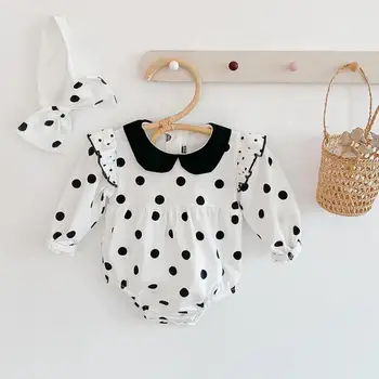 

Baby Girls Clothes Pure Cotton Baby Bodysuit Long Sleeve Infant Dot Print Girls Jumpsuit + Headband