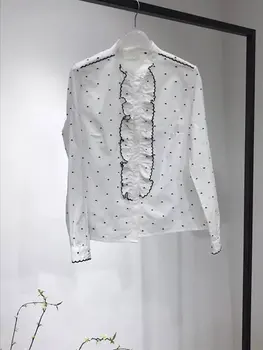 

Women Shirt 2019 Spring and Summer Court Retro Ruffled Design White Polka Dot Cotton Long-sleeved Shirt