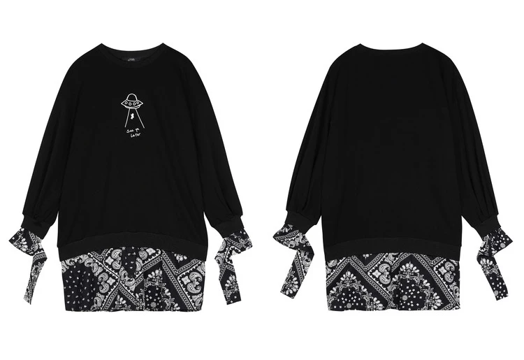 ELFSACK Black Graphic Print Casual Mini Dress Women,2020 Autumn ELF Vintage Full Sleeve Patchwork ,Korean Ladies Daily Dresses