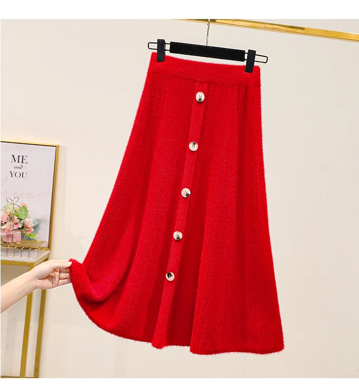 Black Red Knitted Long Plus Large Size Oversize Korean Style Fashion Autumn Women'S Clothing Vintage 2021 High Waist Skirts Skirts