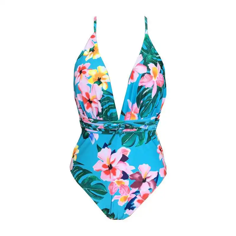 

New Women's One-piece Swimsuit Bohemian Floral Print Belt One-piece Swimsuit
