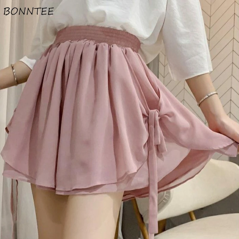 

Шорты женские шифоновые однотонные, Милые простые универсальные Свободные повседневные двухслойные с оборками и эластичным поясом, лето