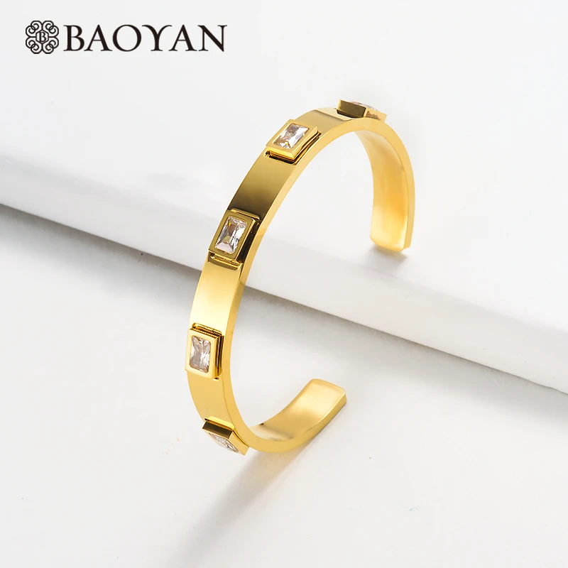 Baoyan, золотые/серебряные браслеты из нержавеющей стали, модный зеленый, красный, белый Кристальный браслет, роскошные золотые браслеты-манжеты, браслеты для женщин - Окраска металла: SSBTG143-18253-G