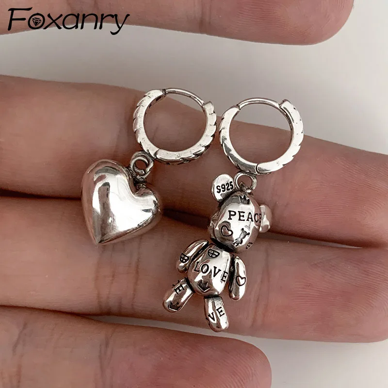 FOXANRY Prevent Allergy 925 Sterling Silver Hoop Earrings Vintage Accessories Little Bear LOVE Heart Asymmetric Party Jewelry