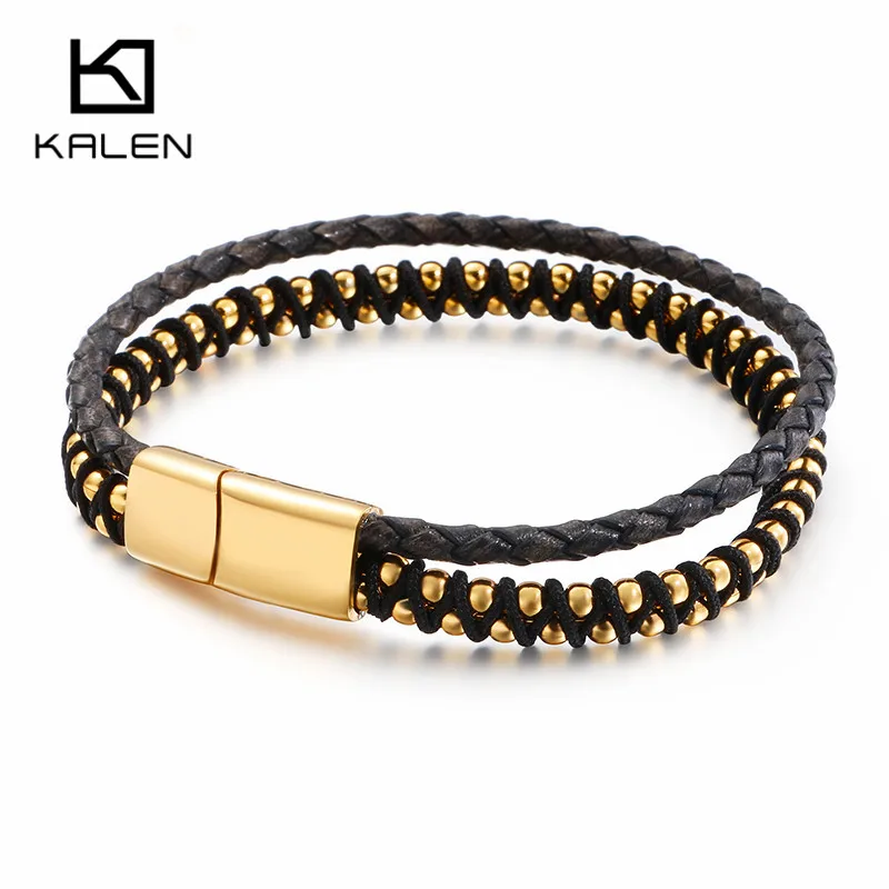 Vintage Double Layer Leather Bracelet For Men Women 19cm Stainless Steel Rose Gold Silver Link Chain Bracelet Male Jewelry