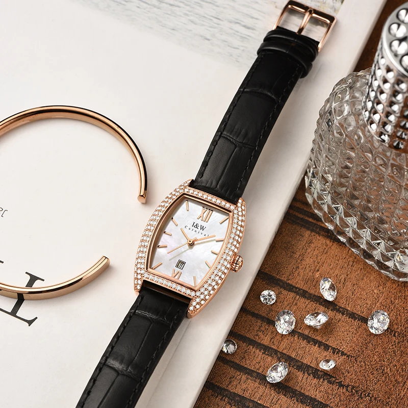 Relojes Para Mujer I&W New Switzerland Made Tonneau Quartz Watch Women Sapphire Calendar Leather Waterproof Ladies Watches 2021