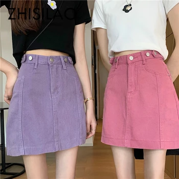 

Straight Pencil Denim Skirt Women Vintage A-line High Waist Mini Skirt Mujer Summer 2020 Casual Saia Jeans Jupe Pink Purple