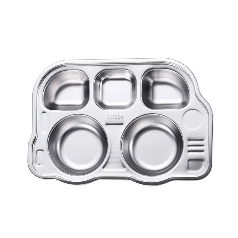 Stainless Steel Kids Cartoon Divided Plate Dish Snack Dinner Tray Food Container