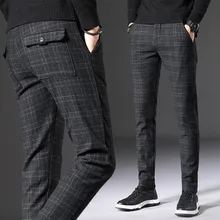 2020 Autumn Spring Suit Pants Men Slim Fit Fashion Black Grey Plaid Formal Dress Pants Plus Size Business Casual Mens Trousers
