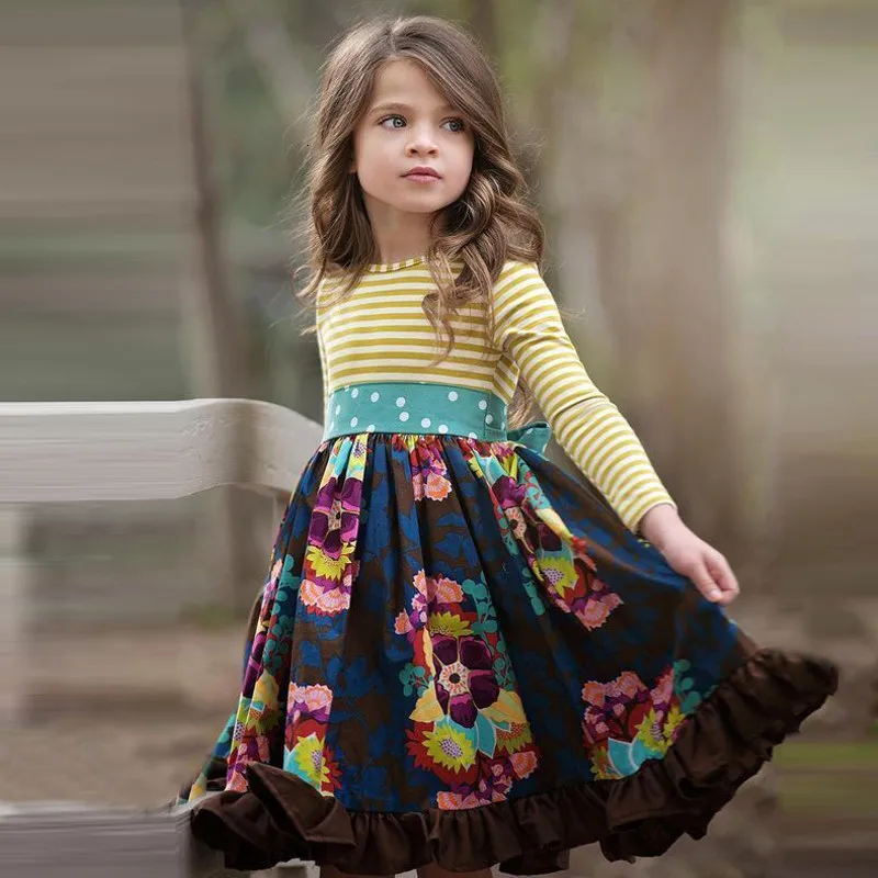 Г. INS/весенне-осеннее платье для девочек Детские платья в полоску с длинными рукавами, в пасторальном стиле, с цветочным рисунком английская Милая принцесса для детей - Цвет: 309502