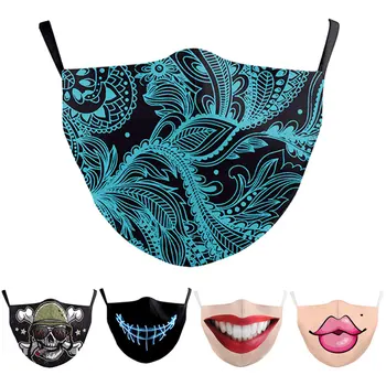

2 Pcs Adult Unisex Funny Print Face Fabric Masks Skull Mouth Cover Washable Reusable Protection Washable Mask Anti Dust Bacteria