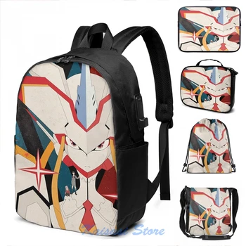 

Darling in the FranXX- Hiro, Zero Two and Strelizia USB Charge Backpack men School bags Women bag Travel laptop bag