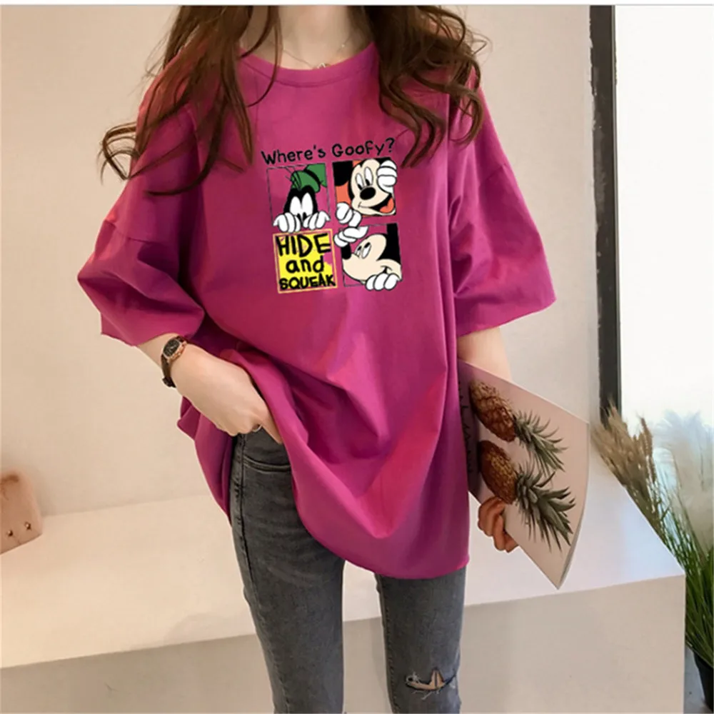 Disney Mickey Mouse Women T-shirts Goofy Cartton Cute Top Summer Harajuku O-neck T-shirts for Women Female New Hot Loose T-shirt