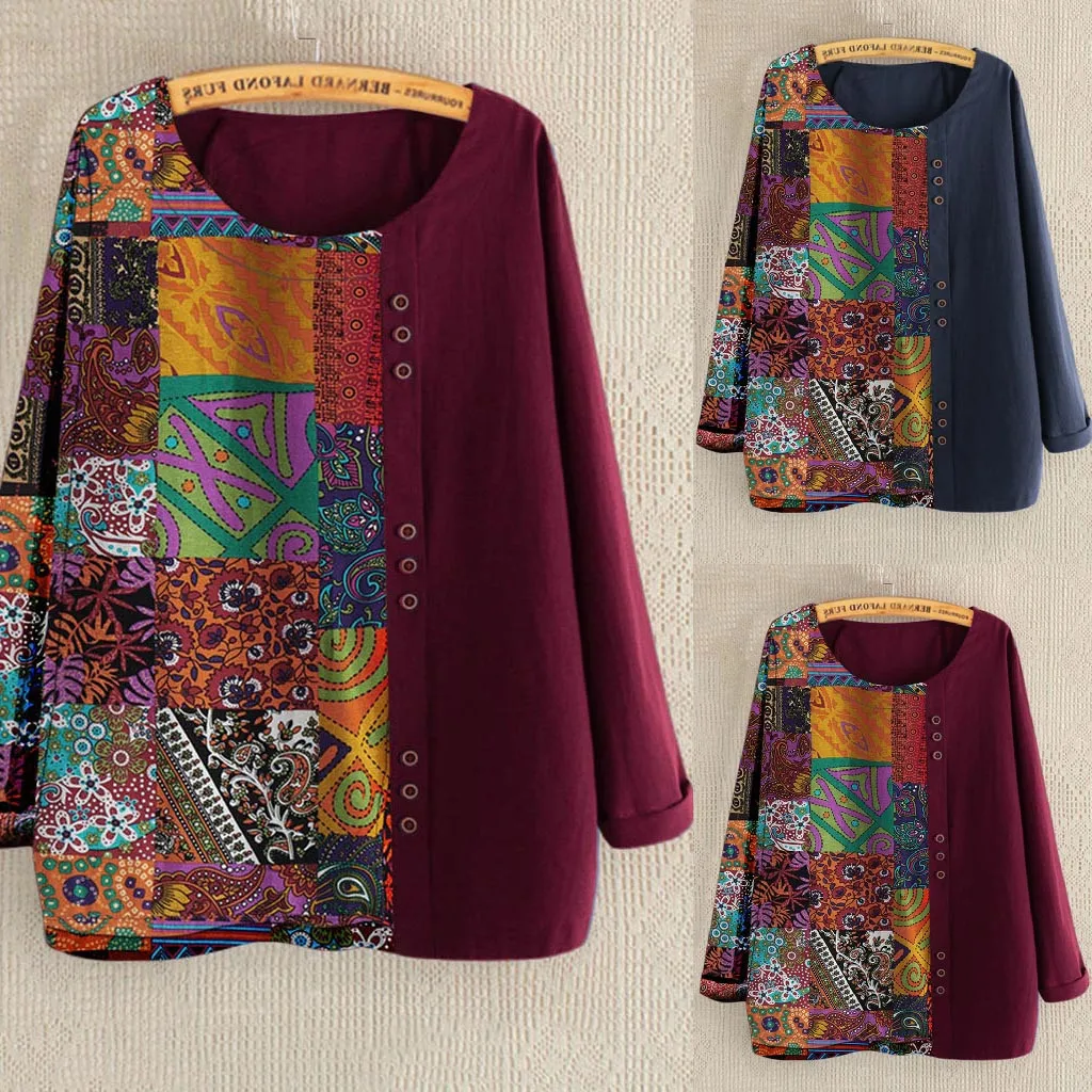 

Blouse Women Casual Printed Long Sleeve Button Tunic Shirt Blouse Tops Chemisier Femme Ladies Tops Plus Size Women Blouses