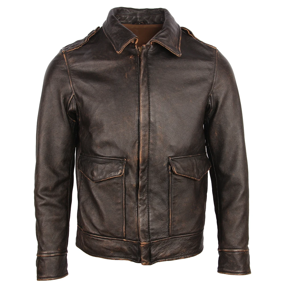 Vintage Distressed Men Leather Jacket Skull Printed 100% Calfskin Soft Slim  Fit Leather Jacket Autumn Male Winter Clothing M254