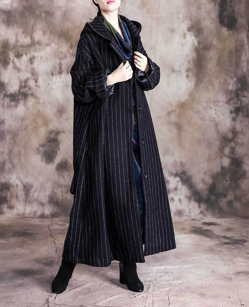 Женские шерстяные пальто с капюшоном в Корейском стиле, с карманами в полоску, новинка, зимние черные женские пальто на пуговицах, большие размеры, высокое качество