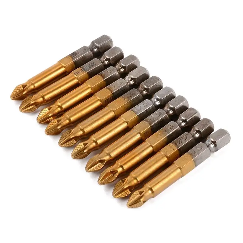 

10pcs 50mm PH2 1/4 inch Hex Shank Magnetic Cross Head Screwdriver Bits Titanium Coated S2 Steel Power Tools, Gold gray