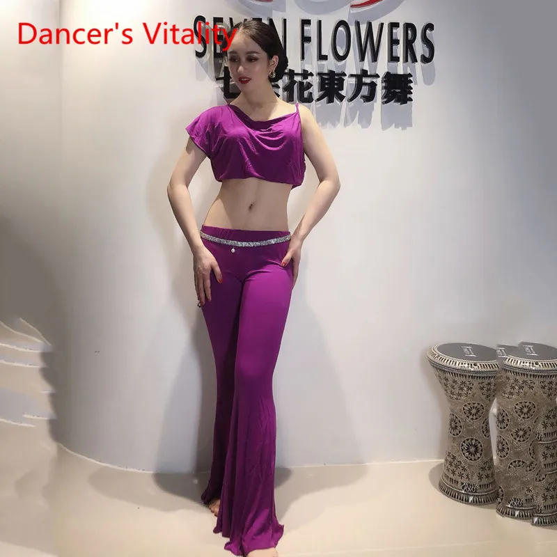 Cheap Two Piece Modal Suit Bellydance Outfit Sexy Oriental Dance Practice Show Skirt Purple Short Sleeve Set | Тематическая одежда