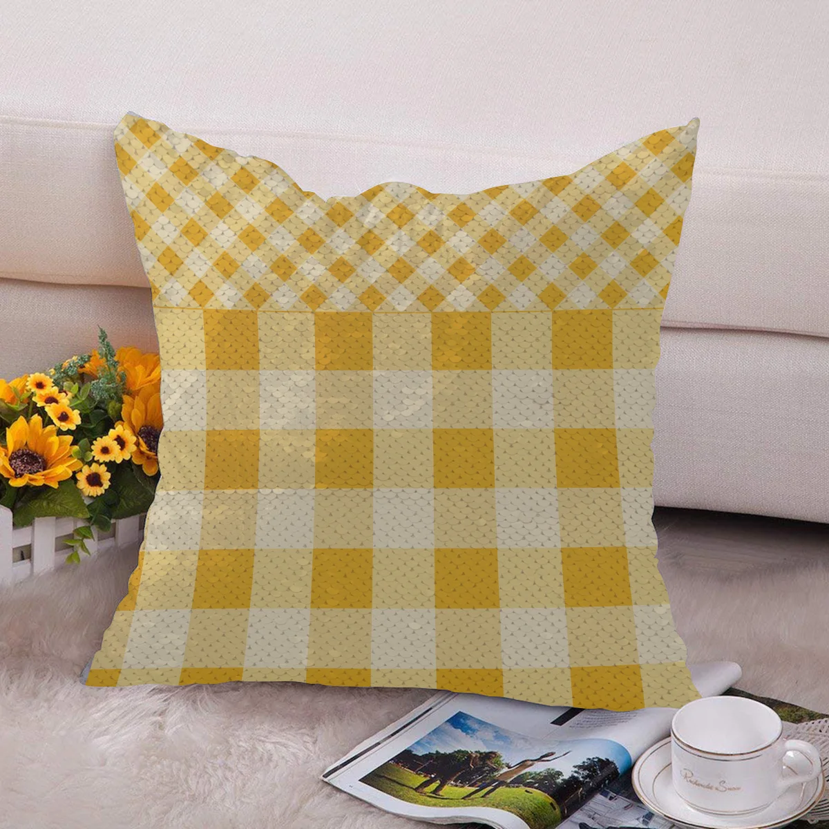 Yellow Check Stripe Square Stitching Magic Pillowcase Sequins Throw Pillow Case Home Decorative Reversible Pillow Cover
