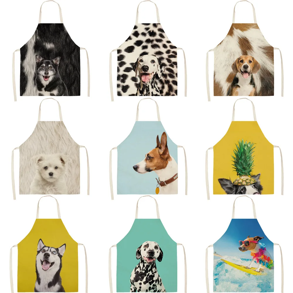 Parent-child Kitchen Apron Lovely Dog Photo Printed Sleeveless Cotton Linen Aprons for Men Women Home Cleaning Tools