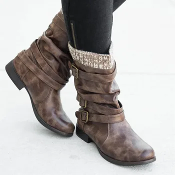 

Fashion Winter Shoes Women Boots Nice Buckle Wool Decoration Solid Mid-calf Leather Thick High Heel Boot Warm Shoes Women