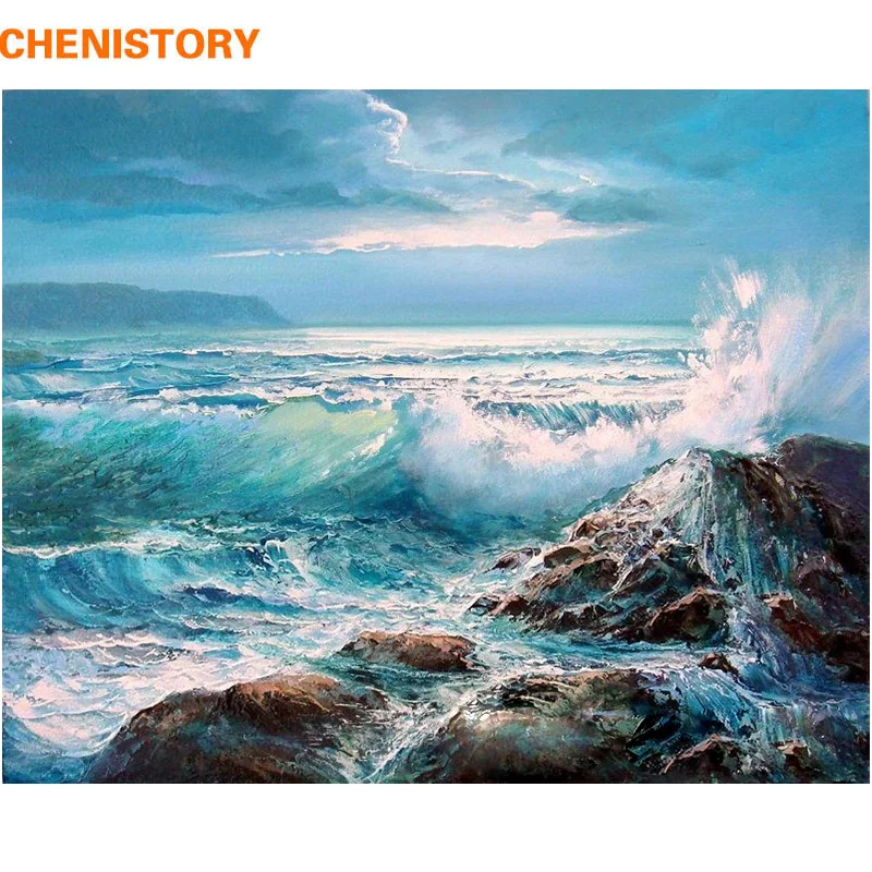 CHENISTORY 60x75cm Frame Wave DIY Painting By Numbers Kit Landscape Coloring By Numbers Acrylic Canvas Painting For Home Gift
