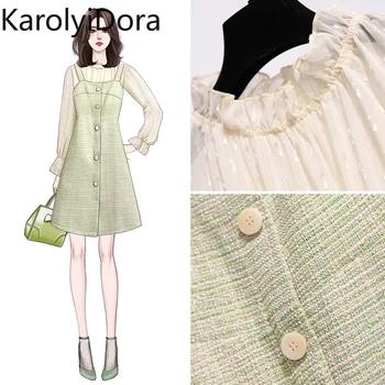 

2020Spring Sweet Pink Tweed Dress Set Suit Women Sleeveless V-neck Beading Elegant Ladies Plaid Dresses and See Through Mesh Top