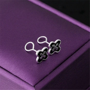 

S925 Sterling Silver Stud Earrings Classic Delicate Fashion Black Round Cross Inlaid Zircon Little Girl Earrings