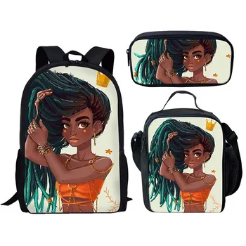 

HYCOOL Cartoon School Bags Set Black African Beauty Princess Print Book Bag Kids Girls Lunch Pencil Bag Primary Student Rucksack