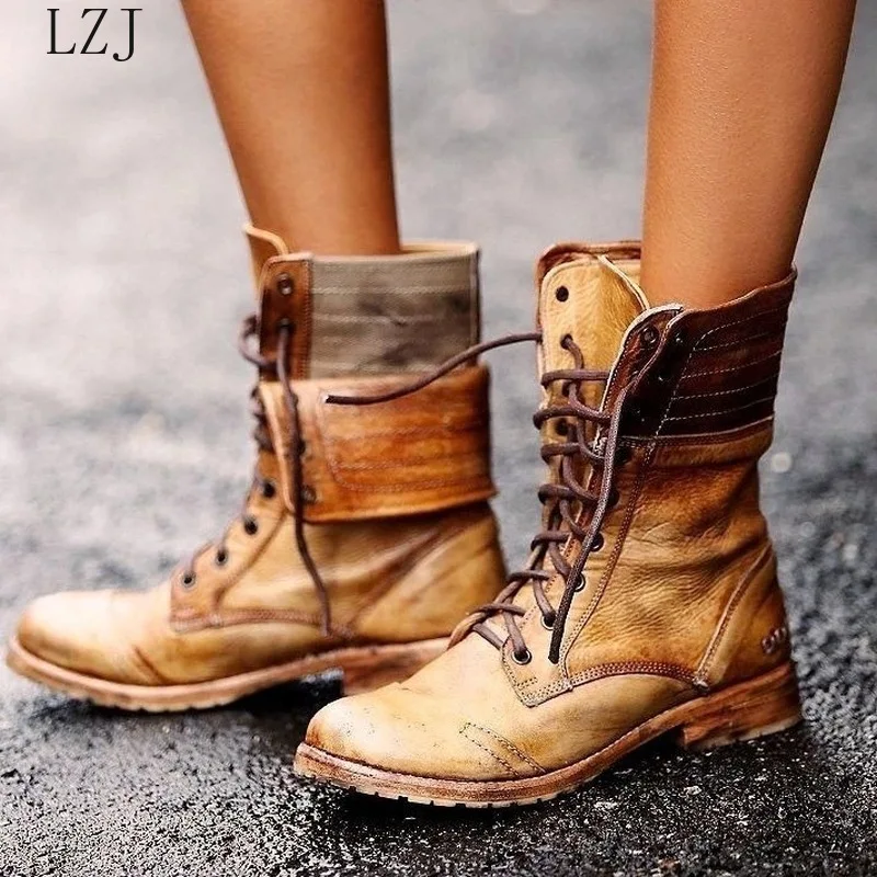

Women Mid-calf Boots Low Heels Chaussure Vintage PU Leather Gladiator Lace Up Matin Shoes Woman Zapatos Mujer Sapato Botas 35-43