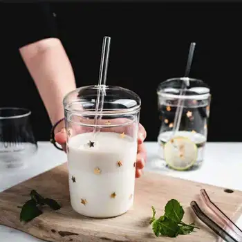 

460ml Heat Resistant Glass Cup Transparent Coffee Mug With Lid&Straw Home Milk Juice Flower Tea Cup Travel Mug Drinking Glass