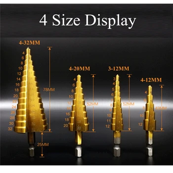 

4pcs HSS Spiral Grooved Center Step Drill Bit 3-12/4-12/4-20/4-32mm Step Drill Accessories Titanium Step Core Drill Bit