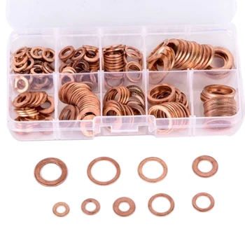 

200pcs M5-M14 Box-packed Durable Copper Hardware Oil Seal Fitting Ring Seal Gasket Set Washer Flat Washer Fastener