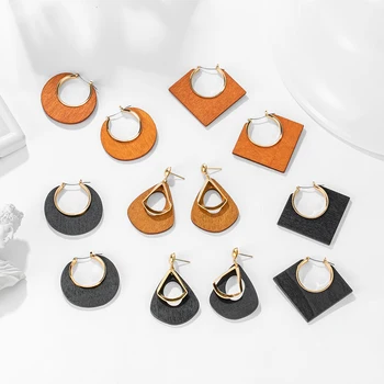 

New Boho Ethnic Geometric Big Wooden Earrings For Women Vintage Earrings Gold Dangle Drop Earring 2020 Female Fashion Jewelry