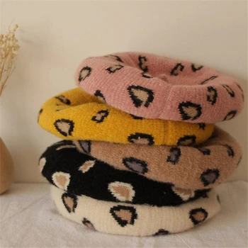 

Winter Kids Beret Hats Leopard Print Girls Knitted Beanie Cap Baby Children Hat Girls Warm Outdoor Caps Accessories 2-6Years