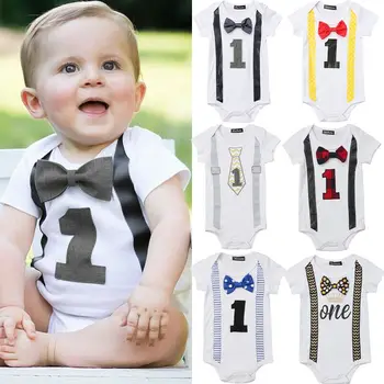 

2020 Baby Boy My First 1st Birthday Party Gentleman Bow Romper Outfits Bodysuits Hot sale 0-24M baby Letter Birthday Clothes