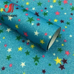 Floral Sparkle Glitter Faux Leather Fabric for Crafting and DIY Projects (Blue Star Glitter)