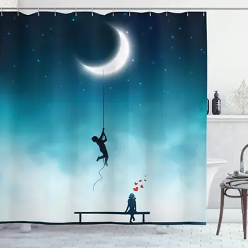 

Fantasy Shower Curtain, Boy Climbing to The Moon with Rope and Girl on Bench Love Romance Fantasy Art, Cloth Fabric Bathroom